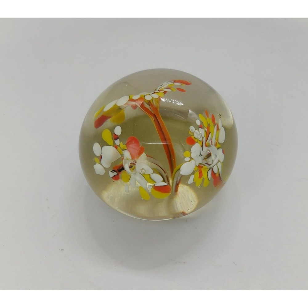 Art Glass Miniature 2" Inch Paperweight Orange/Yellow/Red Abstract Flowers